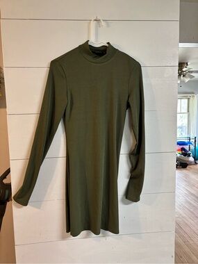 Cider Olive Green Long Sleeve Mock Neck Dress